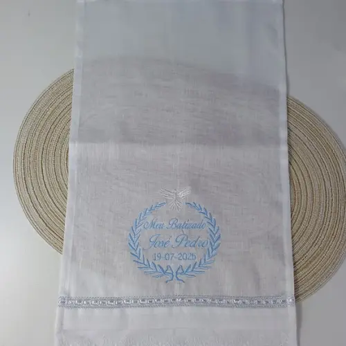 Toalha de Batizado Cambraia de Linho Azul Espírito Santo