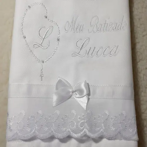 Toalha de Batizado Personalizada Bordado Branco