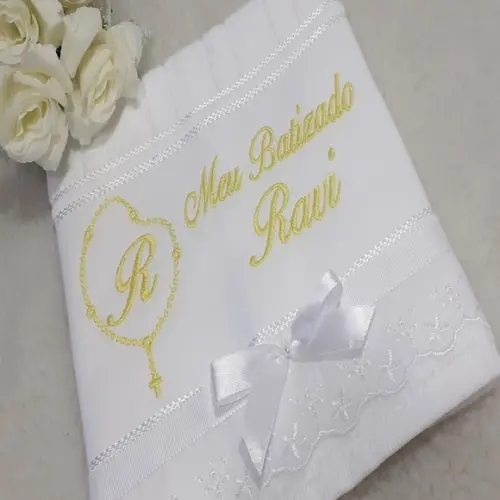 Toalha de Batizado Personalizada Bordado Terço Menino
