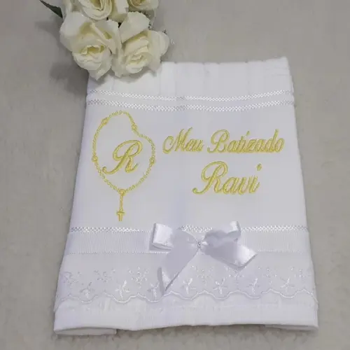 Toalha de Batizado Personalizada Bordado Terço Menino