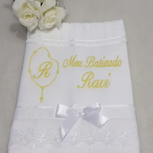 Toalha de Batizado Personalizada Bordado Terço Menino