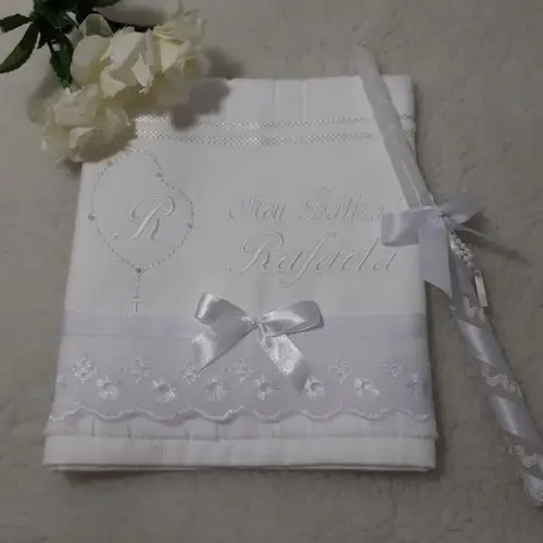 Toalha e Vela para Batizado Personalizada Bordado Branco