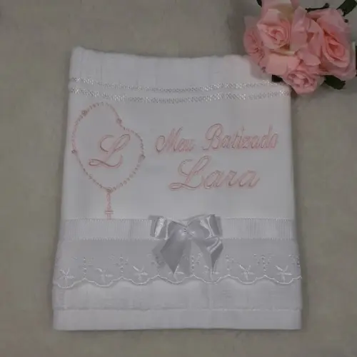 Toalha e Vela para Batizado Personalizada Menina Rosa