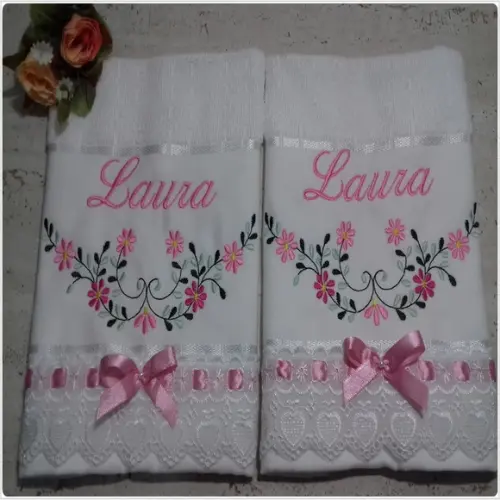 Toalha Lavabo Felpuda Bordada Personalizada Flores