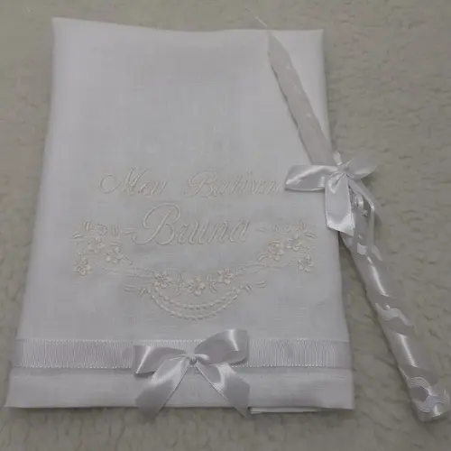 Toalha Linho Personalizada de Batizado Branca e Vela