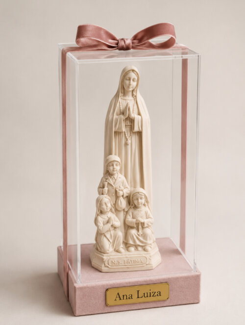 Cúpula de acrílico com imagem de nossa senhora de Fátima e os três pastorzinhos personalizavel