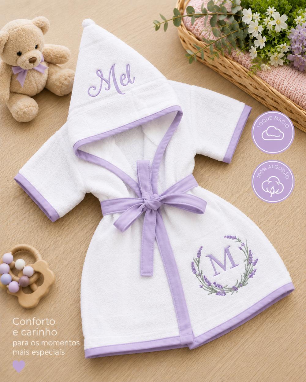 Roupão para bebê personalizado tema lavanda