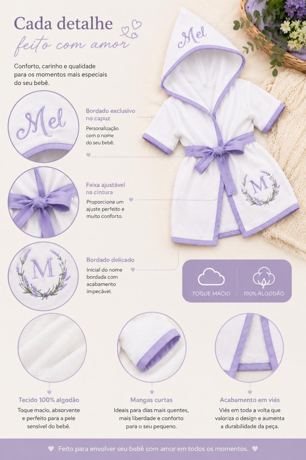 Roupão para bebê personalizado tema lavanda