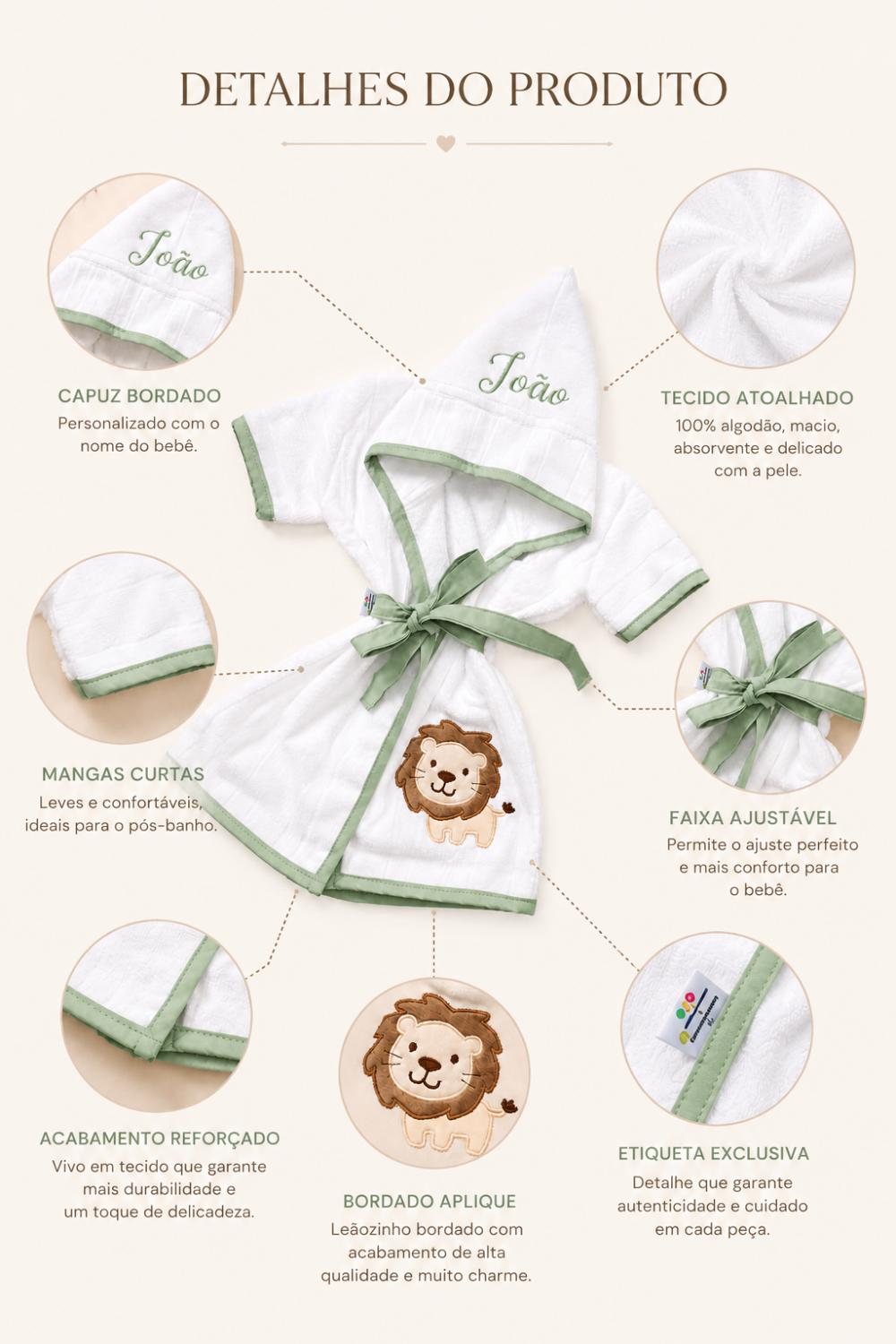 Roupão para bebê personalizado tema leão