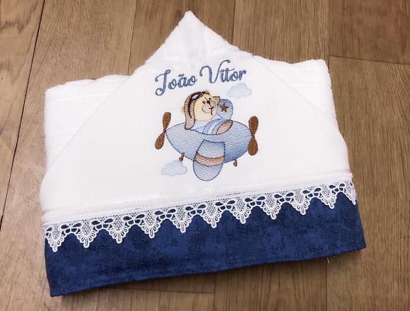 Toalha de Banho com capuz Mais Kit Fralda Tema Urso Aviador Verde