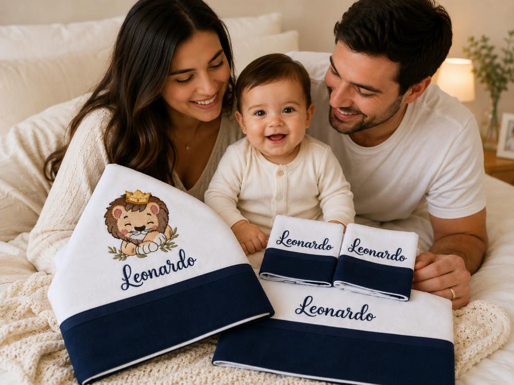 Toalha de banho para bebê com capuz + kit fralda 3 peças tema l