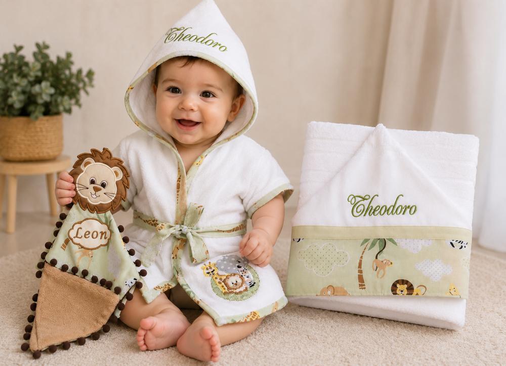 Roupão , Toalha Banho e Naninha personalizado Tema Safari