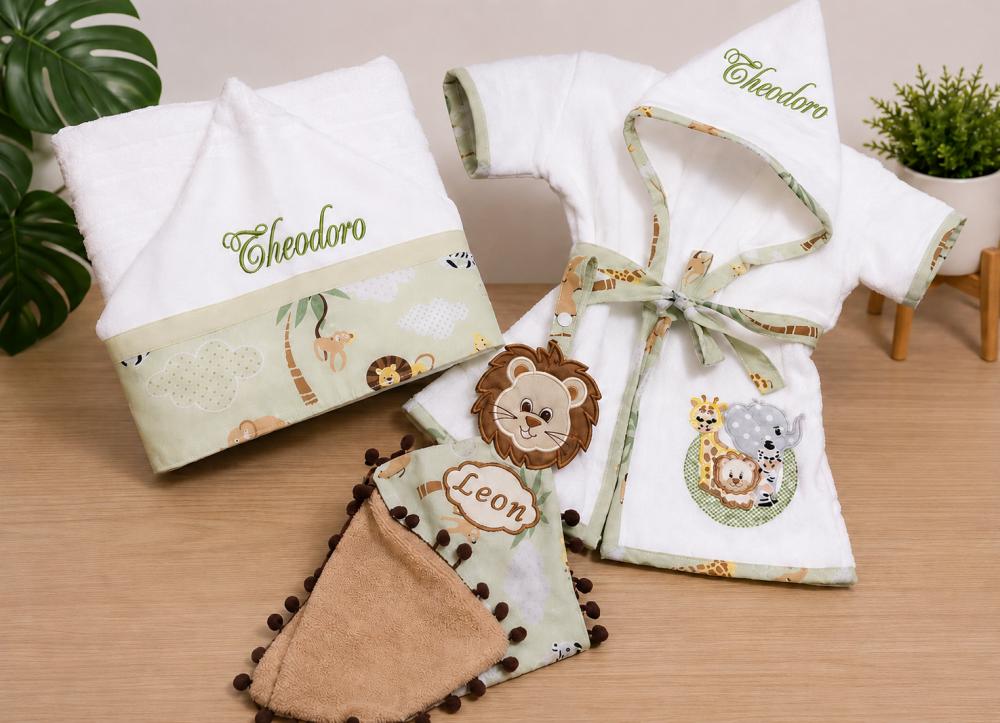 Roupão , Toalha Banho e Naninha personalizado Tema Safari