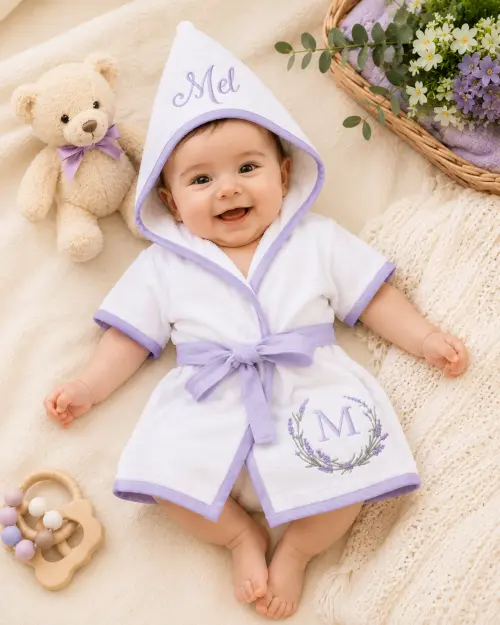 Roupão para bebê personalizado tema lavanda