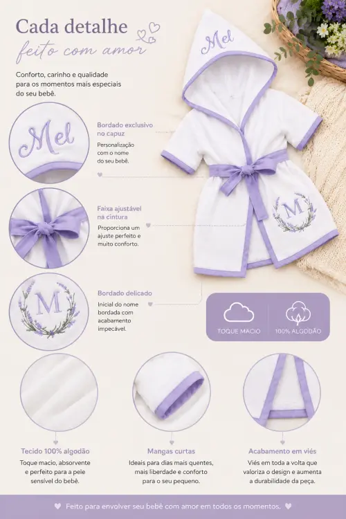 Roupão para bebê personalizado tema lavanda