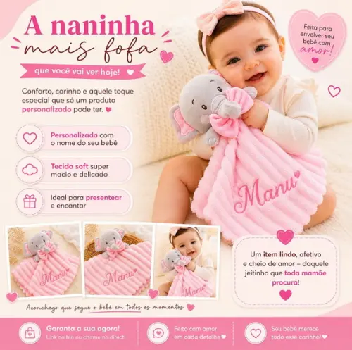 Naninha Elefante Personalizada Cor Verde, Rosa, Azul