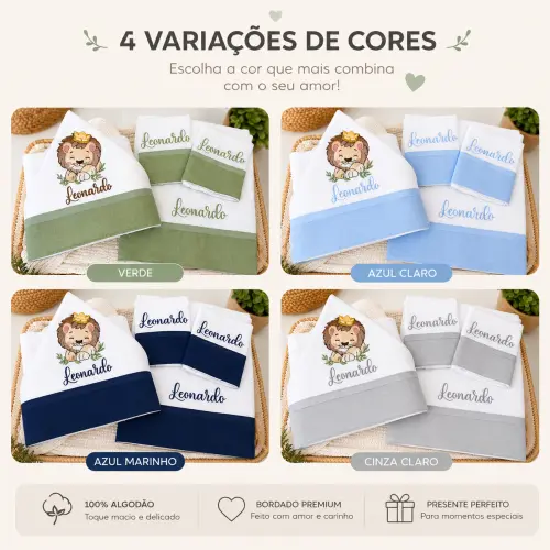 Toalha de banho para bebê com capuz + kit fralda 3 peças tema l