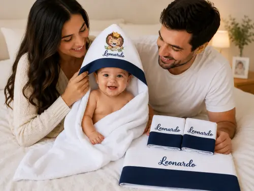 Toalha de banho para bebê com capuz + kit fralda 3 peças tema l