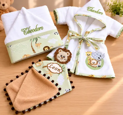 Roupão , Toalha Banho e Naninha personalizado Tema Safari