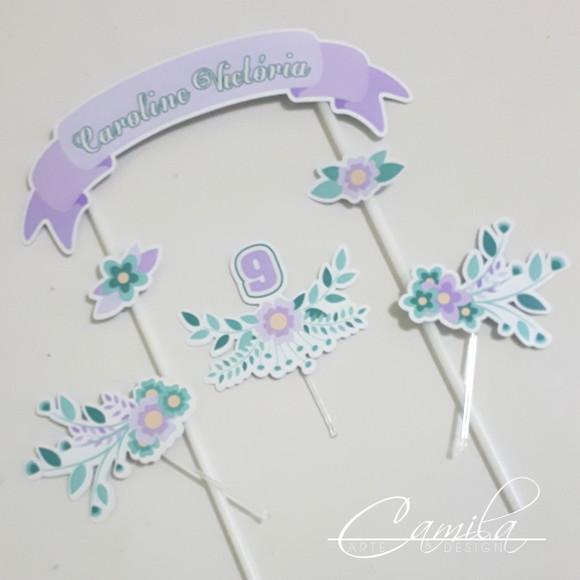 Topo de Bolo Personalizado Floral