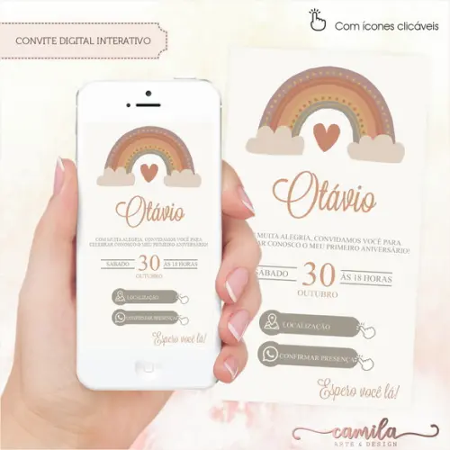Convite Digital Interativo Arco Íris Boho