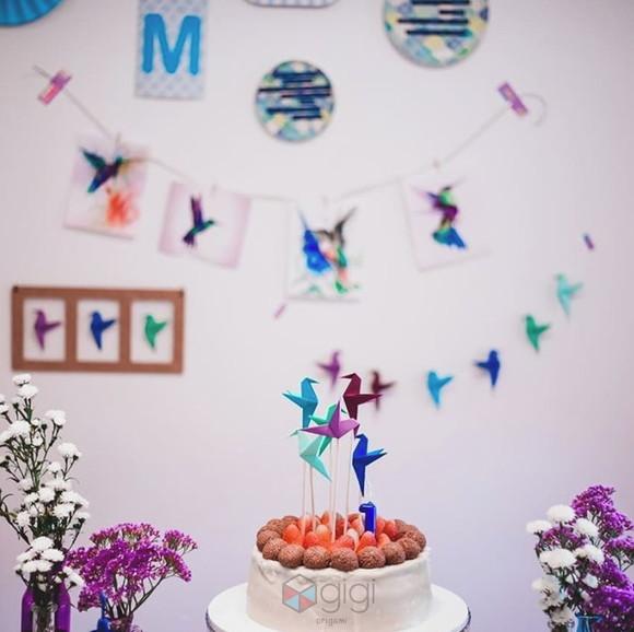 Toppers de Beija Flores de Origami para Bolos - 10 Unidades