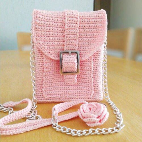 Bolsa Feminina Casual Pequena Rosa de Crochê - Presente Artesanal