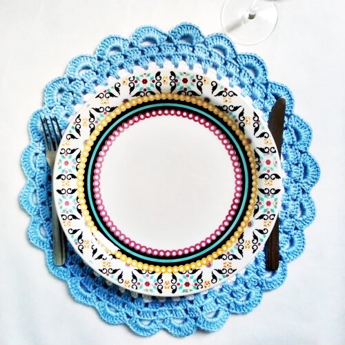 Sousplat de Crochê em Fio 100% Algodão Mercerizado Azul e Branc