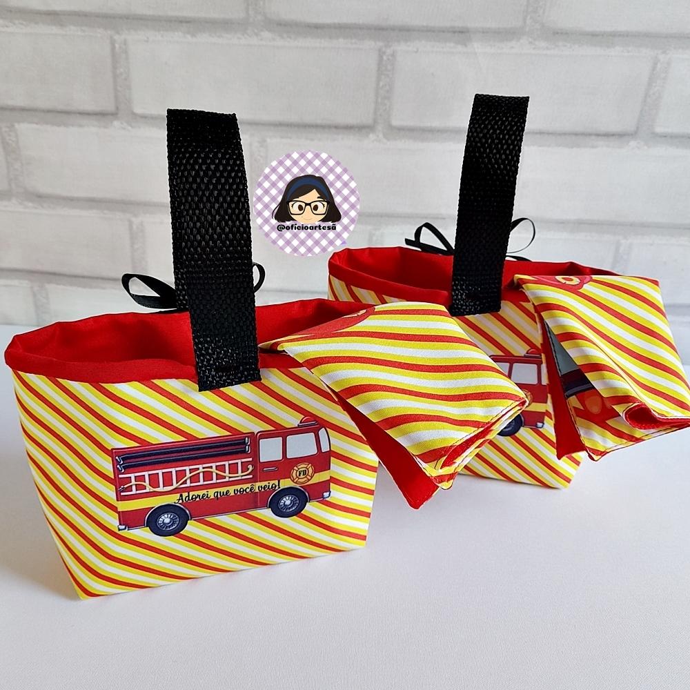 Kit 15 Mini Cestinha e 15 toalhinhas Bombeiros