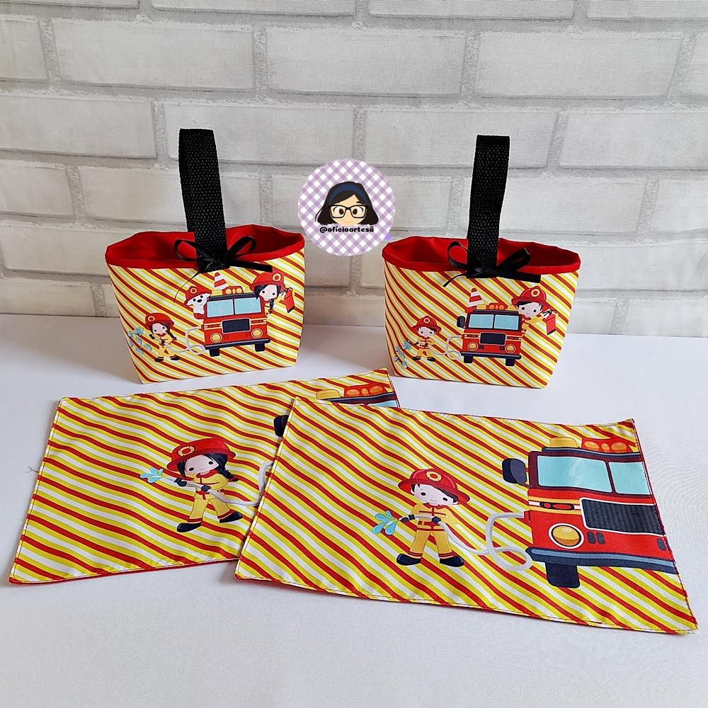 Kit 15 Mini Cestinha e 15 toalhinhas Bombeiros