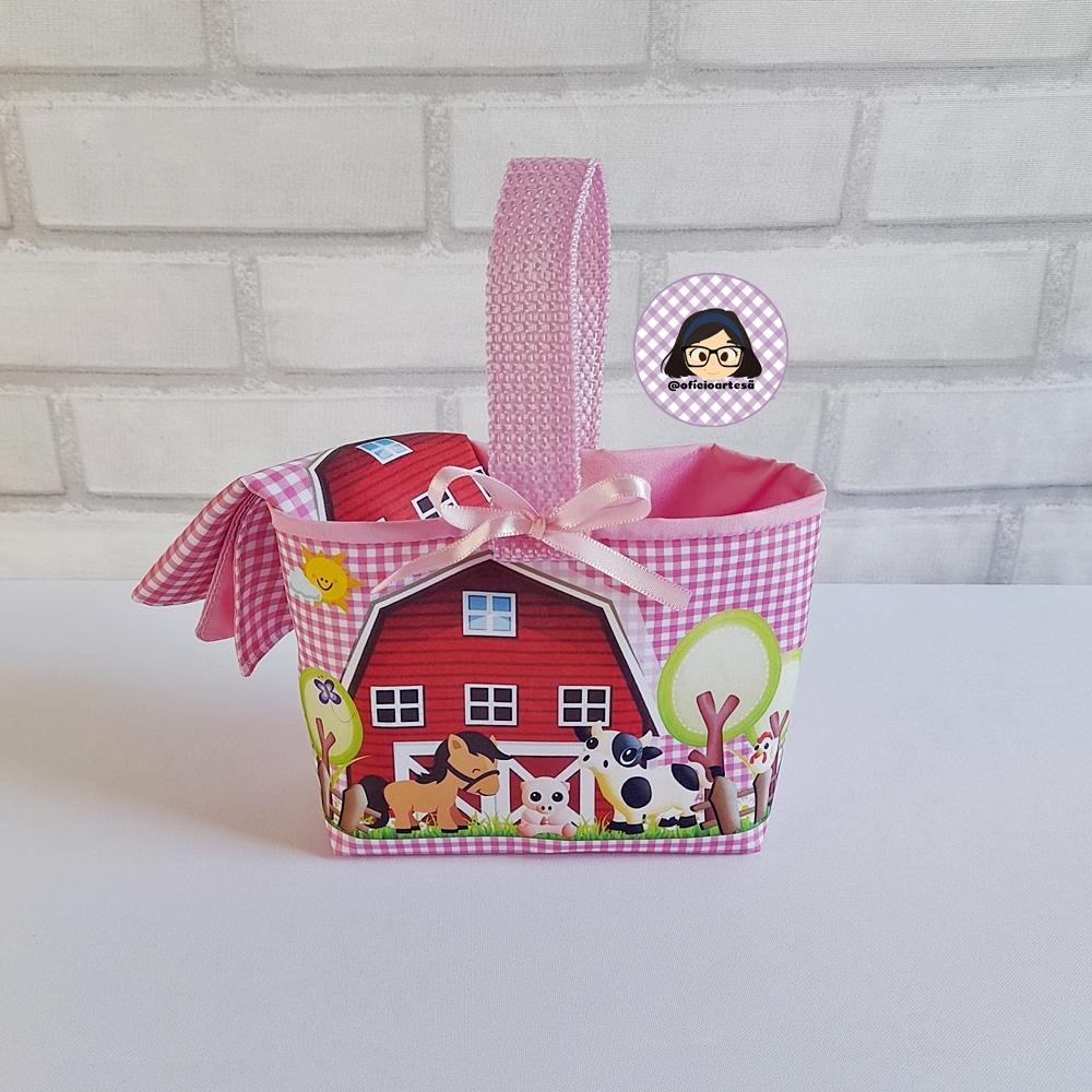 Kit 15 mini cestinhas e 15 toalhinhas Fazendinha Rosa