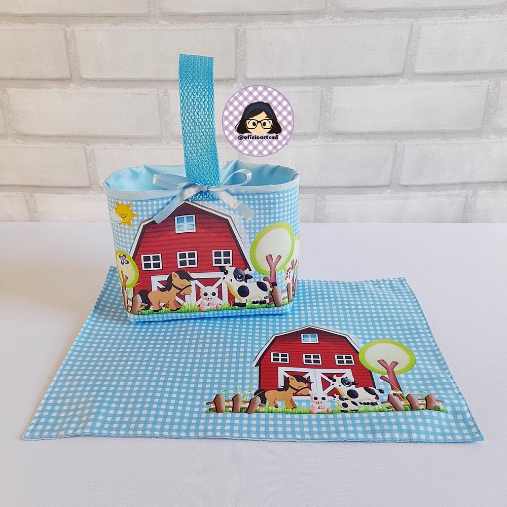 Kit 15 mini cestinhas e 15 toalhinhas Fazendinha Azul