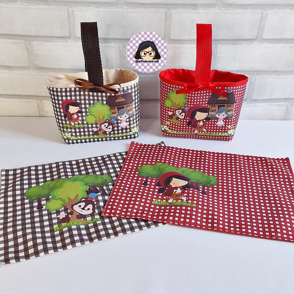 Kit 15 mini cestinhas e 15 toalhinhas Chapeuzinho Vermelho e Lobi