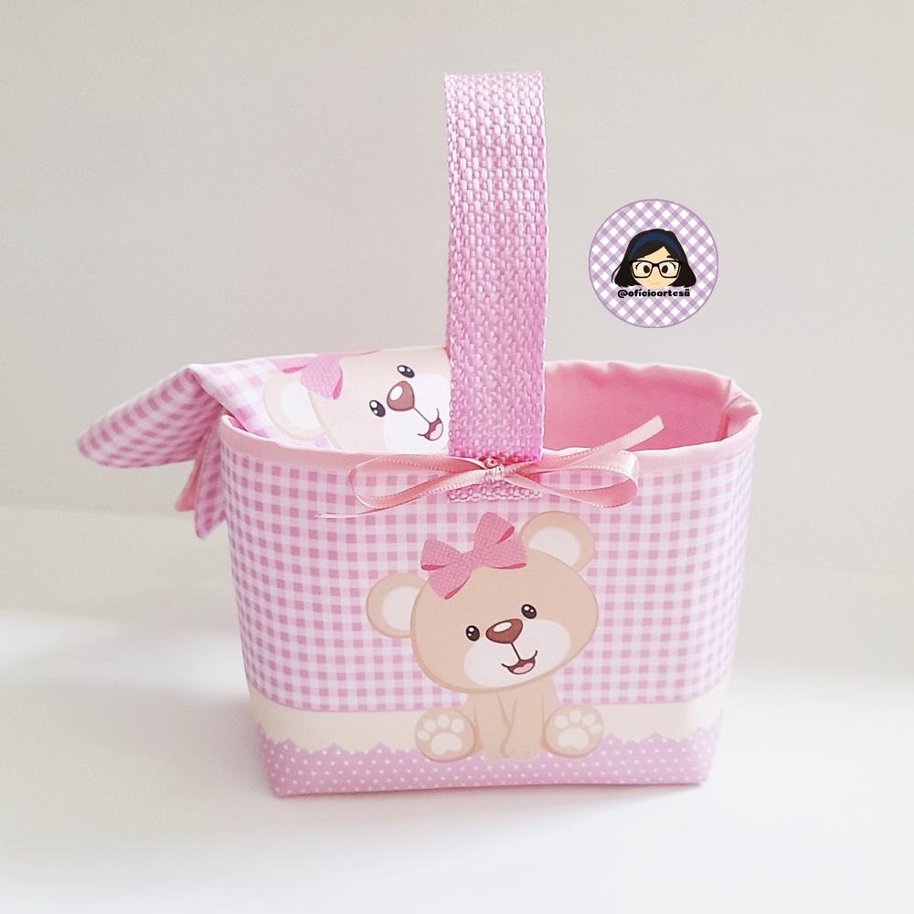 Kit 15 mini cestinhas e 15 toalhinhas Ursinha Rosa