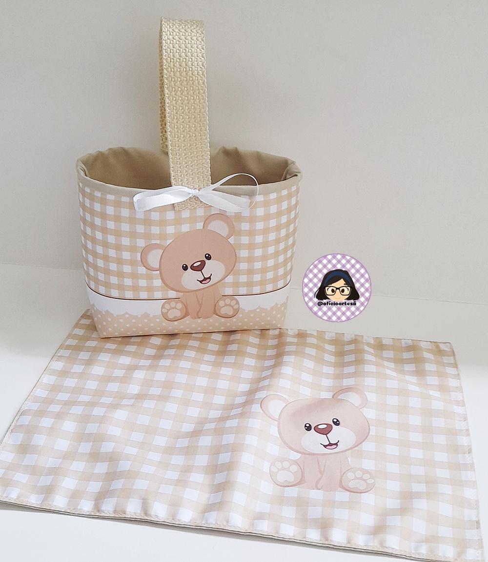 Kit 15 mini cestinhas e 15 toalhinhas Ursinho Bege