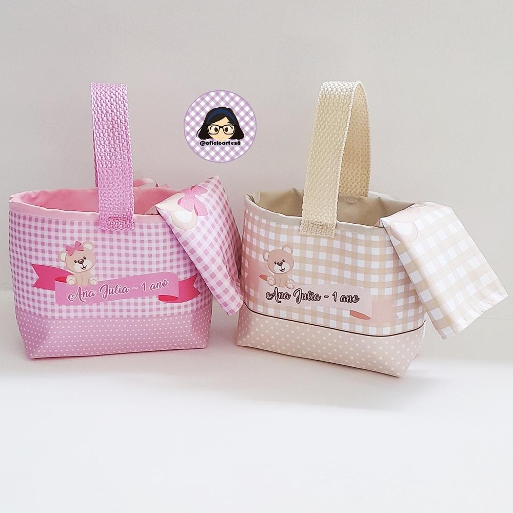 Kit 15 mini cestinhas e 15 toalhinhas Ursinhos Rosa e Bege
