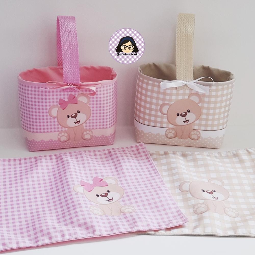 Kit 15 mini cestinhas e 15 toalhinhas Ursinhos Rosa e Bege