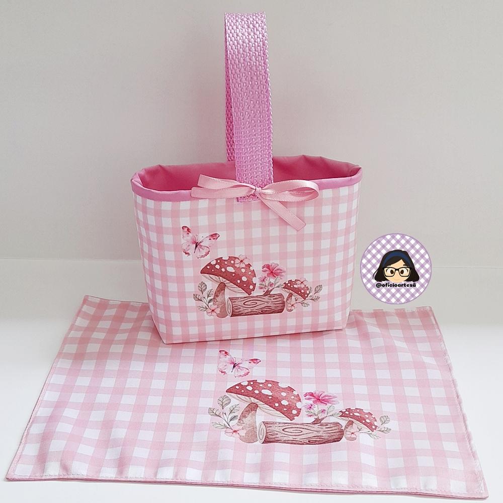Kit 15 mini cestinhas e 15 toalhinhas Bosque Encantado Rosa