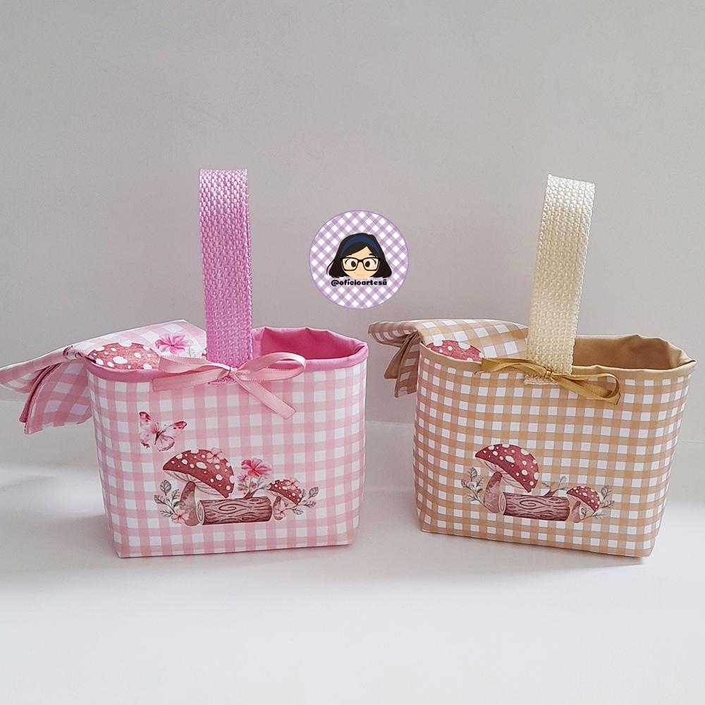 Kit 15 mini cestinhas e 15 toalhinhas Bosque Encantado Rosa e Beg