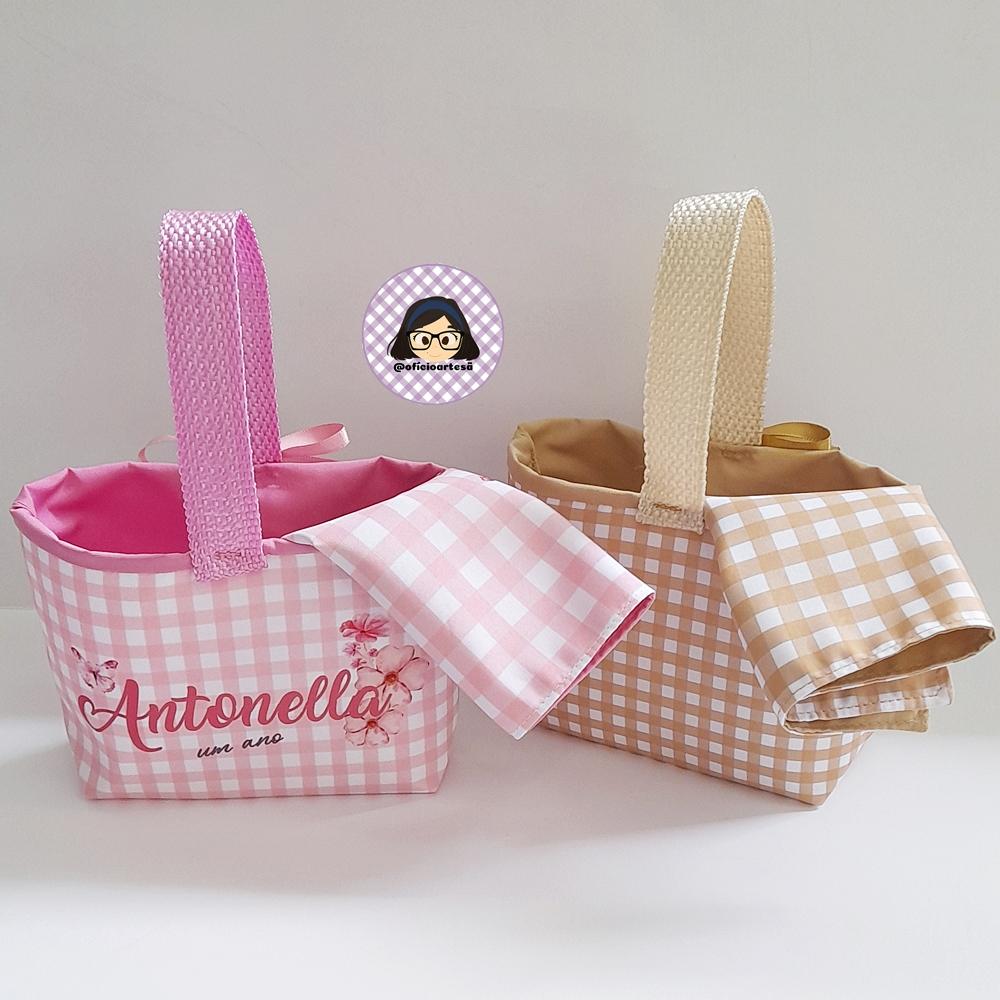 Kit 15 mini cestinhas e 15 toalhinhas Bosque Encantado Rosa e Beg