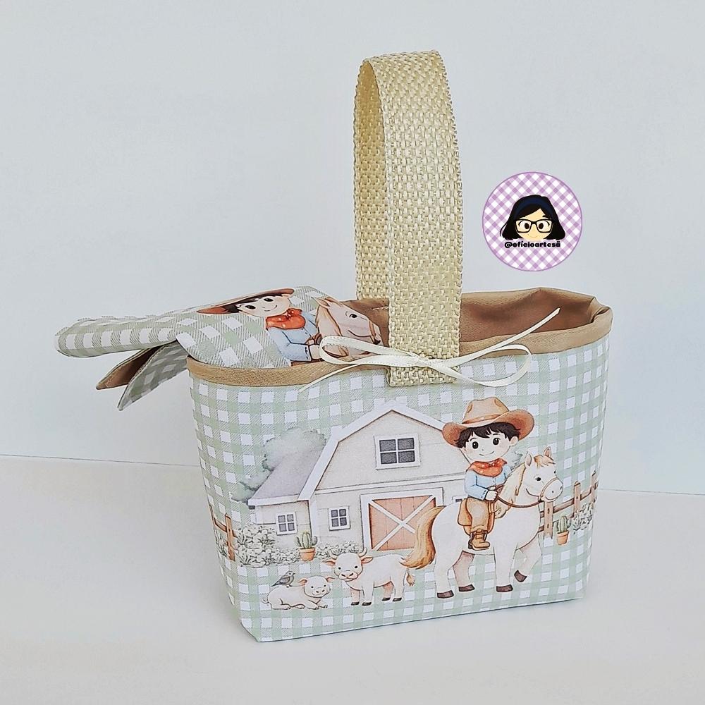 Kit 15 mini cestinhas e 15 toalhinhas Fazendinha Boiadeiro