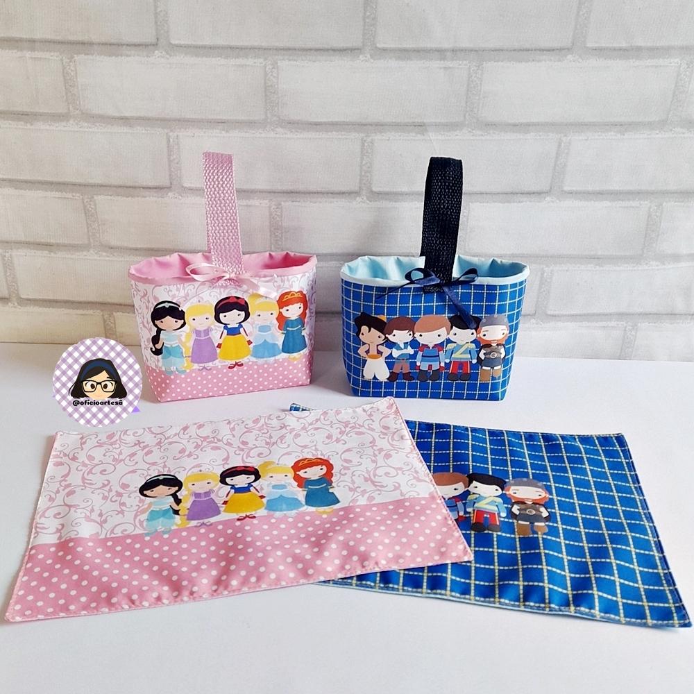 Kit 15 mini cestinhas e 15 toalhinhas Princesas e Príncipes