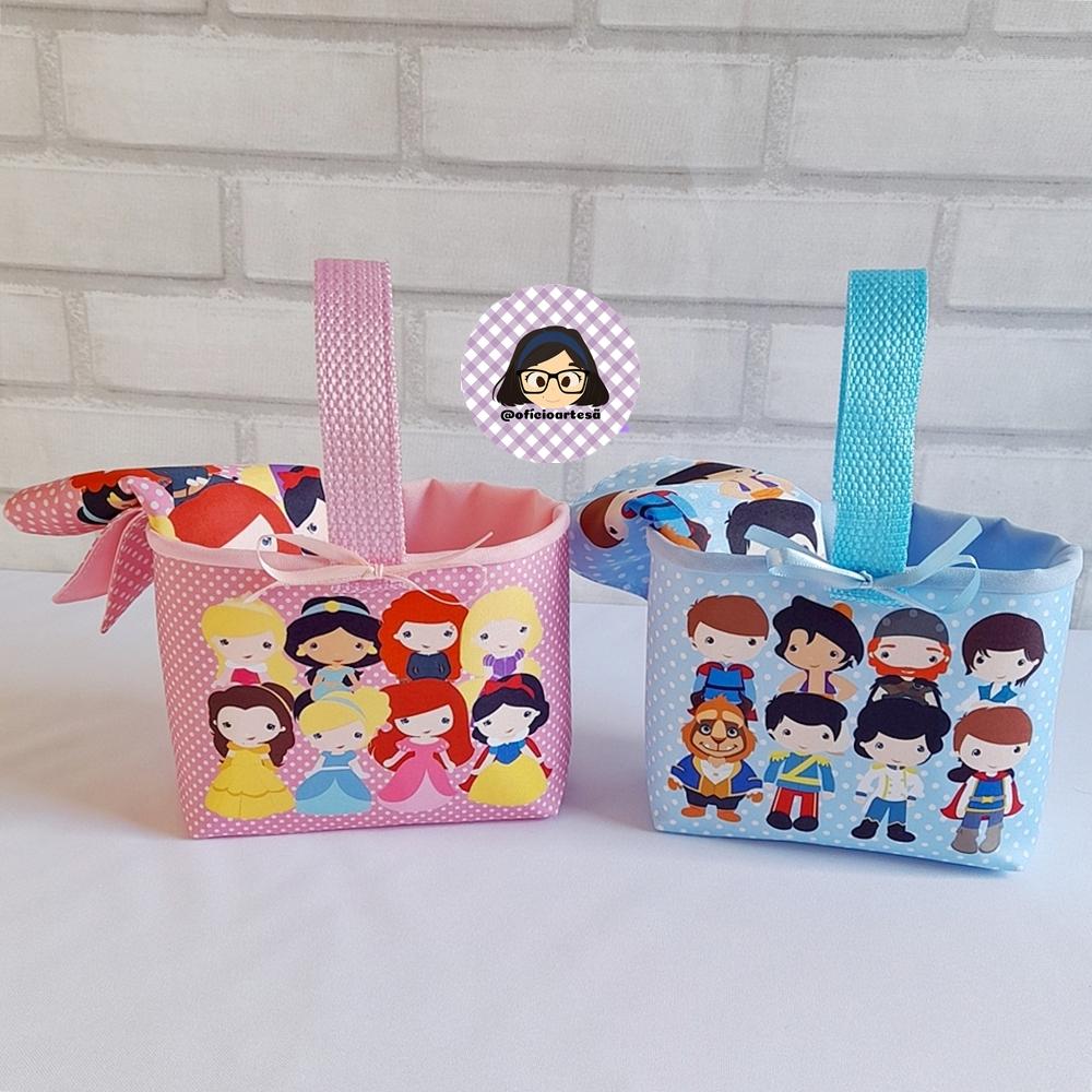 Kit 15 mini cestinhas e 15 toalhinhas Princesas e Príncipes