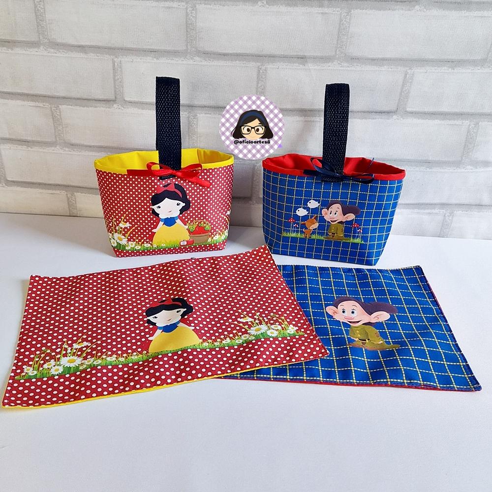 Kit 15 mini cestinhas e 15 toalhinhas Branca de Neve e Dunga