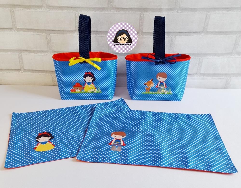 Kit 15 mini cestinhas e 15 toalhinhas Branca de Neve e Príncipe