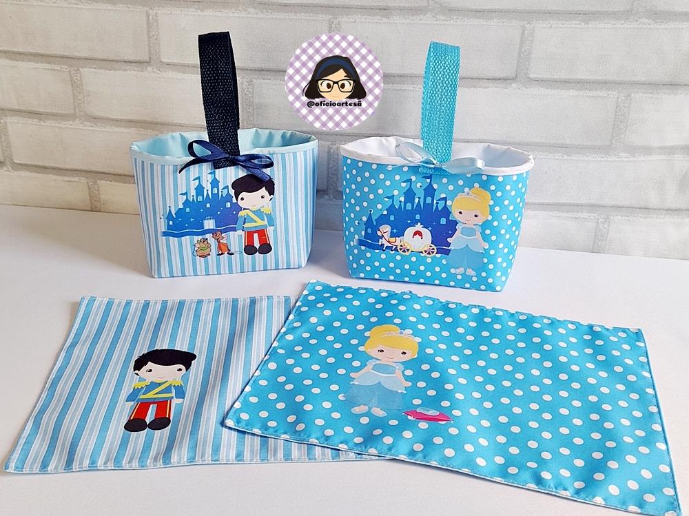 Kit 15 mini cestinhas e 15 toalhinhas Cinderela e Príncipe