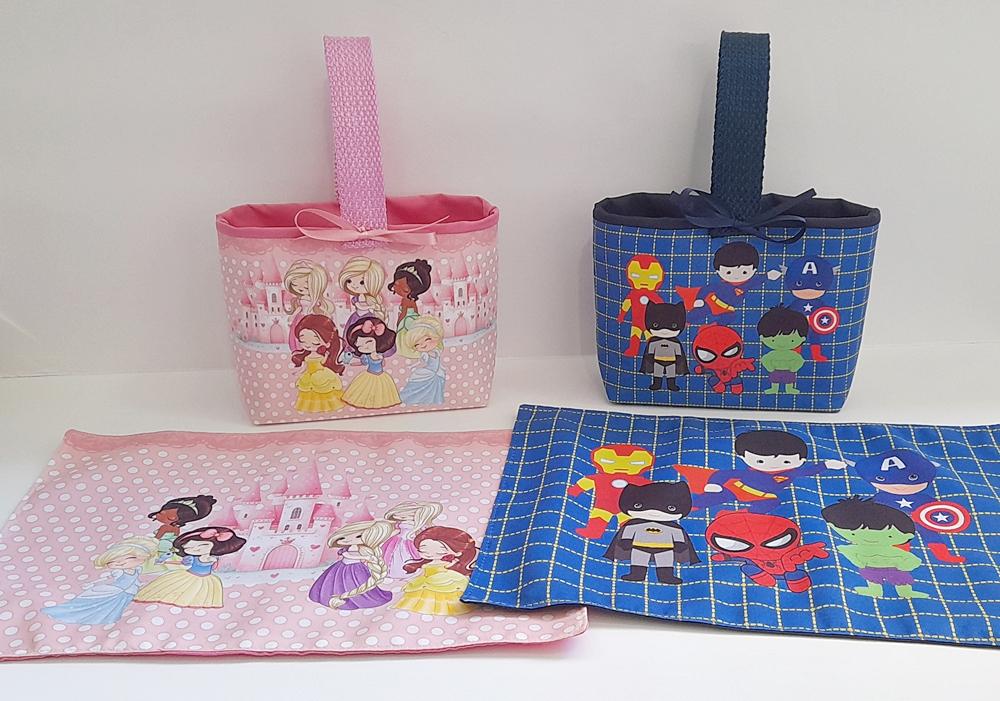 Kit 15 mini cestinhas e 15 toalhinhas Super Heróis e Princesas