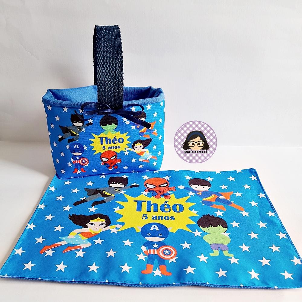 Kit 15 mini cestinhas e 15 toalhinhas Super Heróis