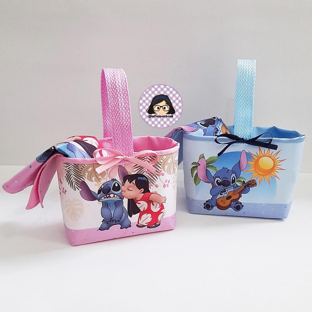 Kit 15 mini cestinhas e 15 toalhinhas Lilo & Stitch Rosa e Azul