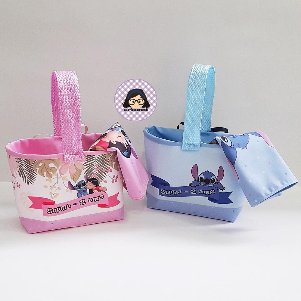 Kit 15 mini cestinhas e 15 toalhinhas Lilo & Stitch Rosa e Azul